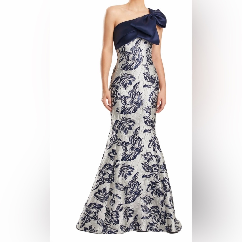 Elegant One Shoulder Brocade Embroidered Jacquard Dress in Navy Prom or Wedding